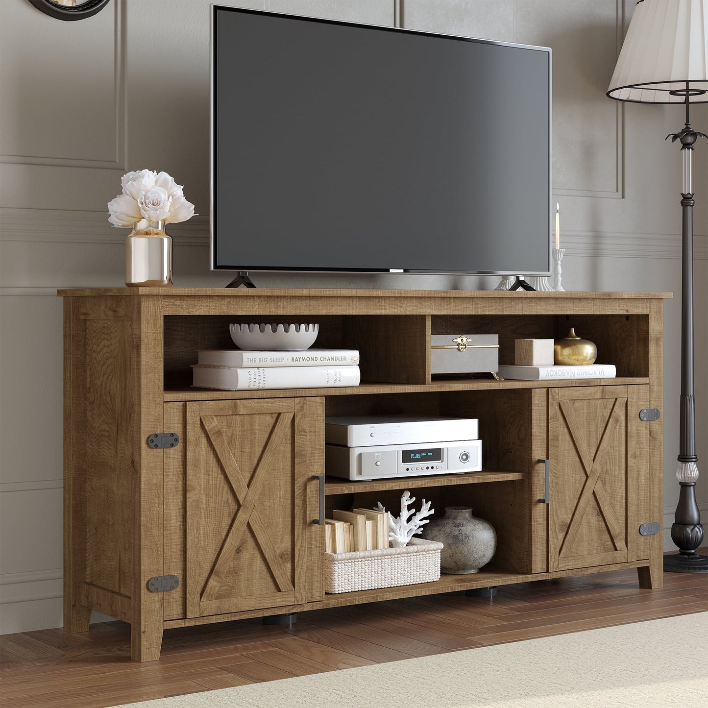 Uforic Farmhouse TV Stand for 65 Inch TV, Barn Door Entertainment Center, Brown