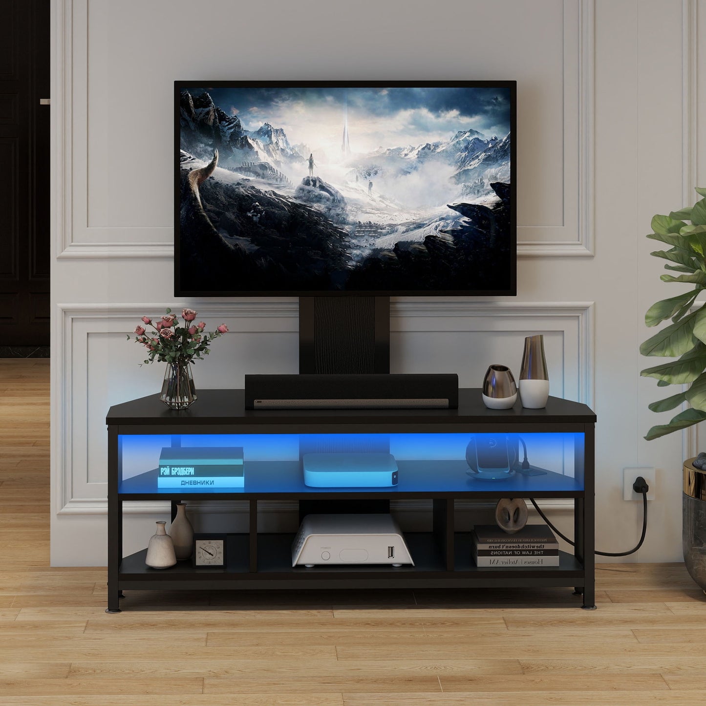 Uforic TV Stand Mount with Power Outlet, LED Entertainment Center for TVs up to 70 inches, Gray