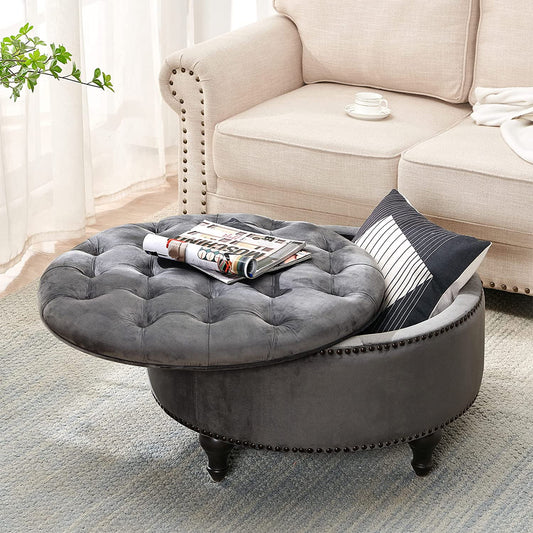 Upholstered 30" Round Storage Button Ottoman, Nail Head Tufted Seating, with Removable Lid Dark Grey