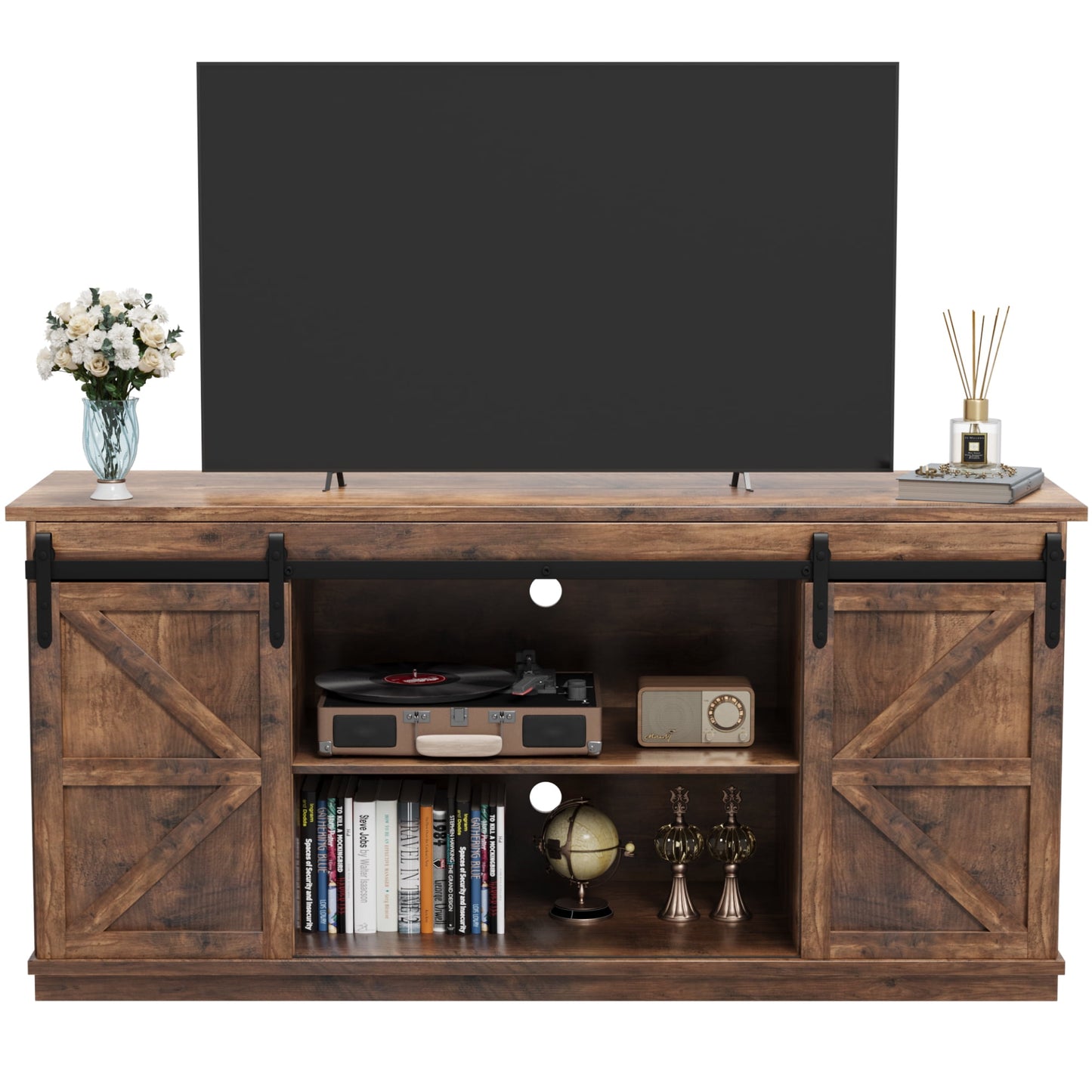 Vineego 58 inch Farmhouse TV Stand and Entertainment Center for Televisions,with Sliding Barn Doors and Storage Cabinets,Milk White