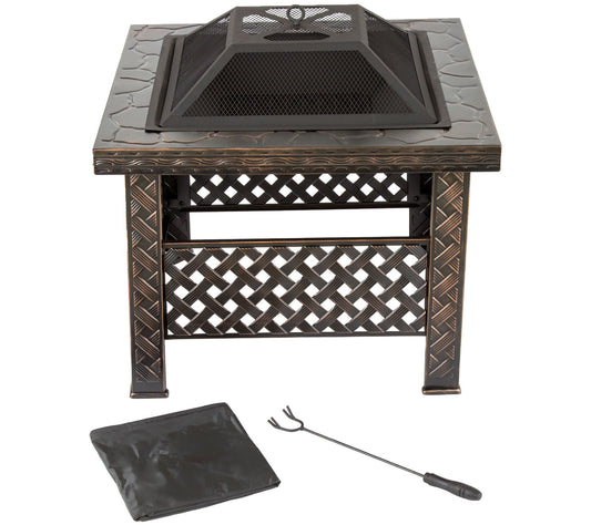 Pure Garden 26" Square Woven Metal Fire Pit with Cover