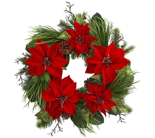 28" Poinsettia and Pine Wreath by Nearly Natural