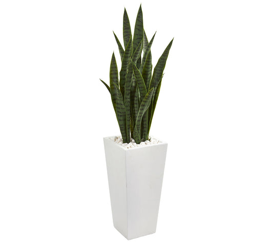4' Sansevieria in White Tower Planter by NearlyNatural