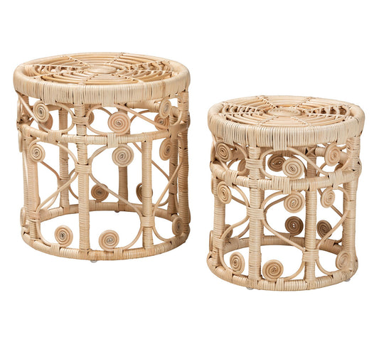 Baxton Studio Bowie Brown Rattan 2-Piece Nesting End Table Set