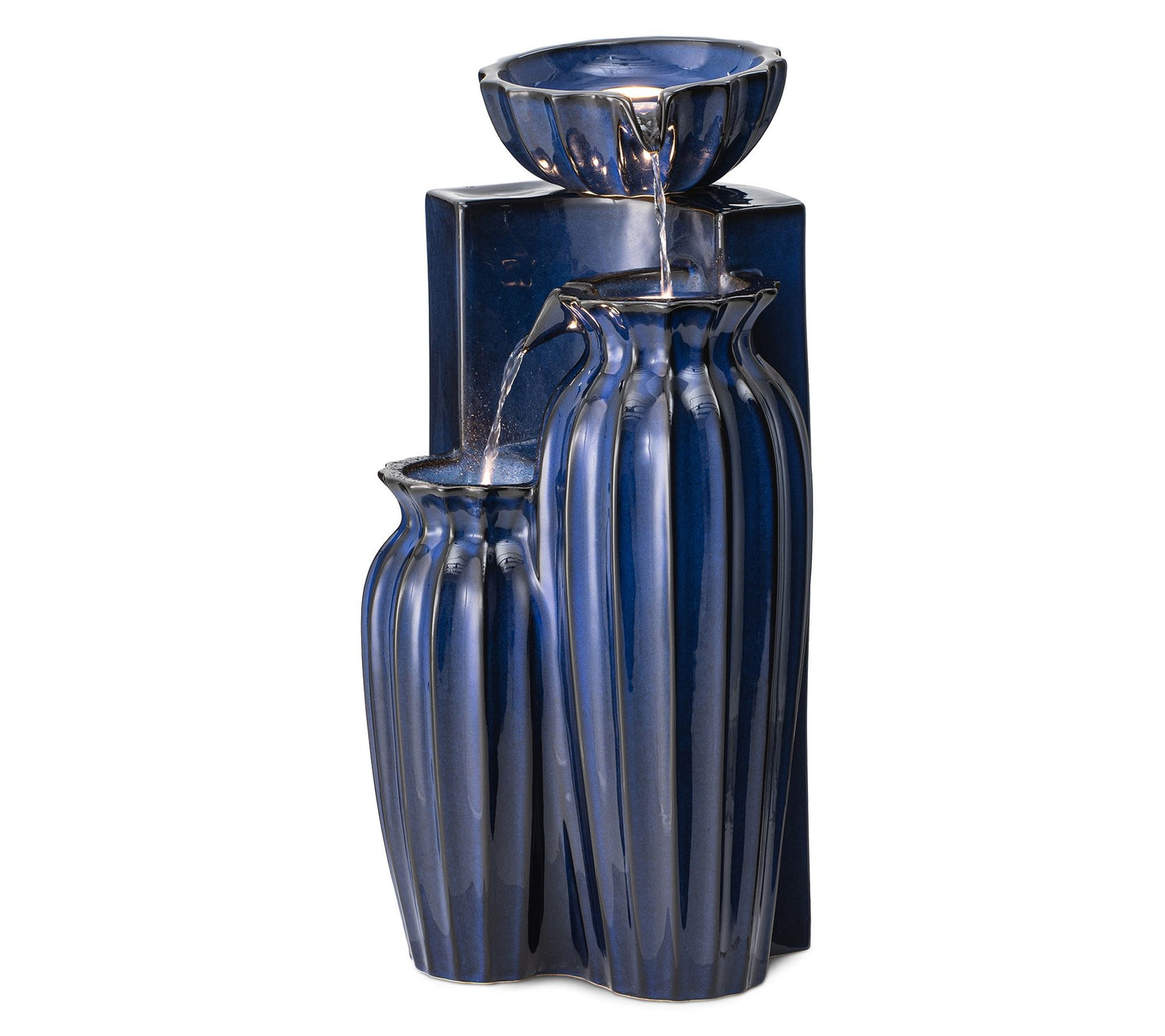 Glitzhome 3-Tiered Fluted LED Lighted Ceramic Outdoor Fountain
